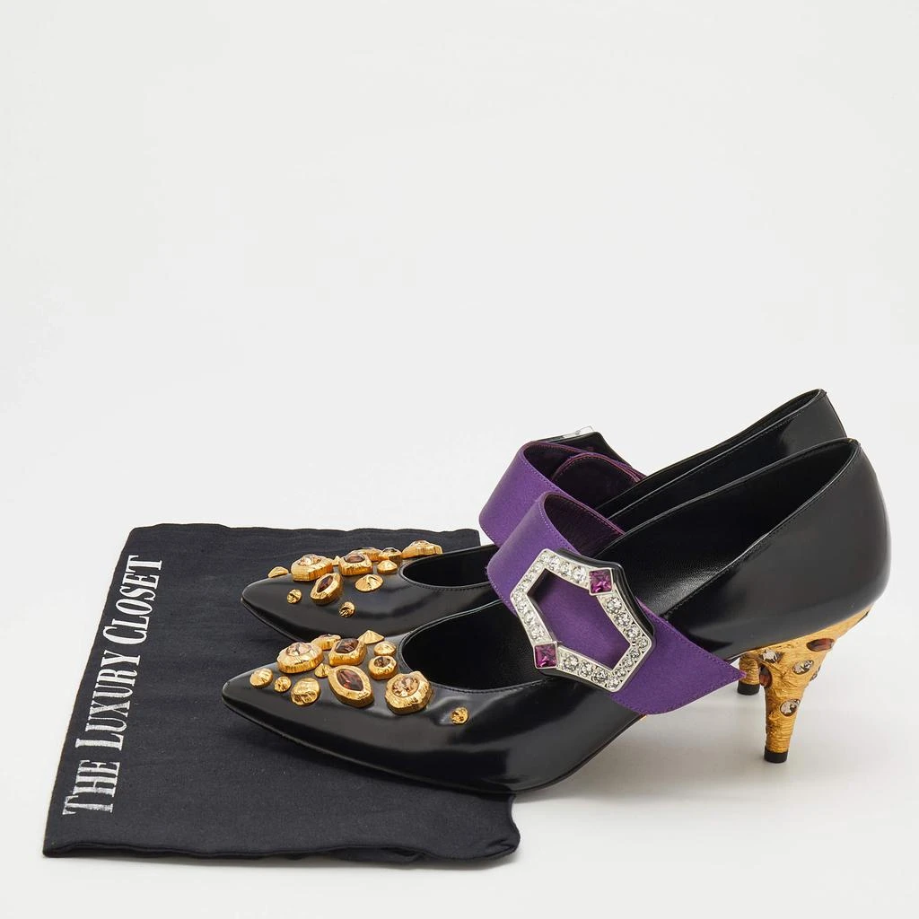 Prada Black/Purple Leather And Satin Jeweled Mary Jane Pointed Toe Pumps Size 39 商品