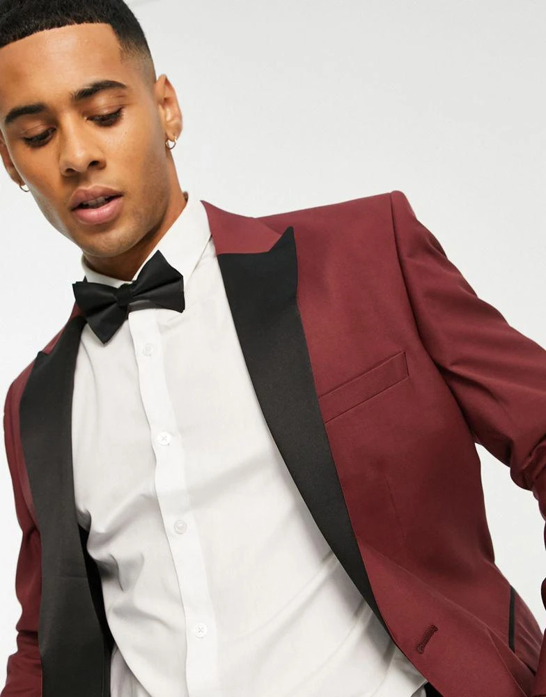 商品ASOS|ASOS DESIGN skinny tuxedo suit jacket in burgundy,价格¥381,第2张图片详细描述