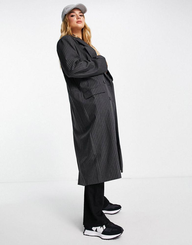 Topshop pinstripe oversized dad coat in charcoal商品第4张图片规格展示