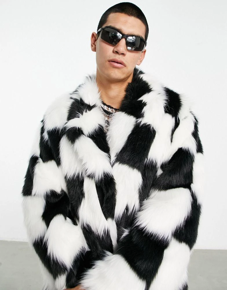 商品ASOS|ASOS DESIGN longline faux fur coat in check,价格¥711,第3张图片详细描述