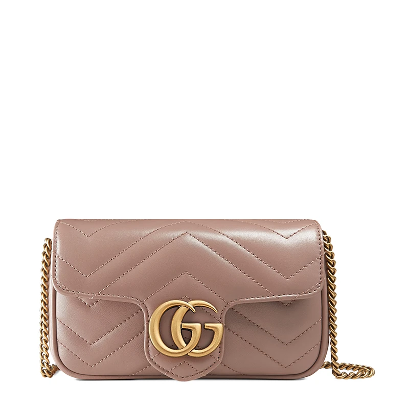 商品Gucci|GUCCI/古驰 GG Marmont系列 女士超迷你深粉色人字纹皮革双G链条翻盖单肩斜挎包,价格¥7549,第1张图片