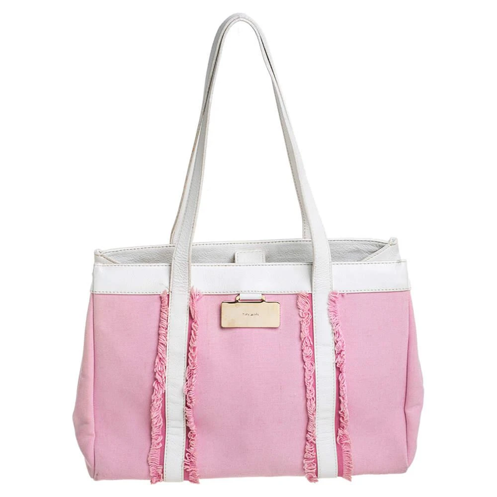 商品[二手商品] Kate Spade|Kate Spade Pink/White Canvas and Leather Metal Plate Tote,价格¥813,第1张图片