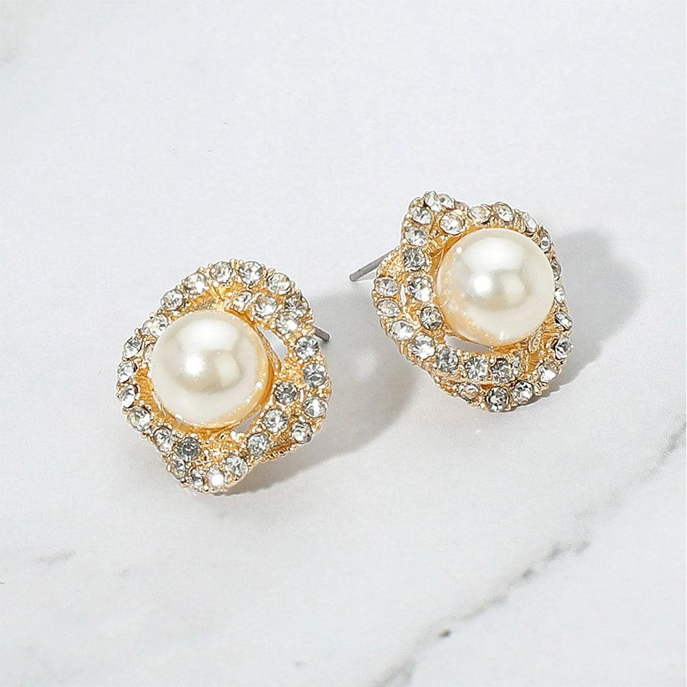 商品FASHNZFAB|Rhinestone Rim Pearl Stud Earrings - Cream, Gold,价格¥177,第1张图片