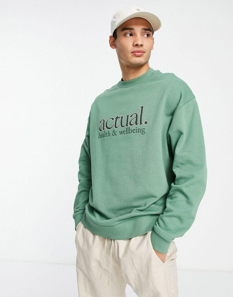ASOS Actual oversized sweatshirt with front and back logo graphic prints in green商品第2张图片规格展示