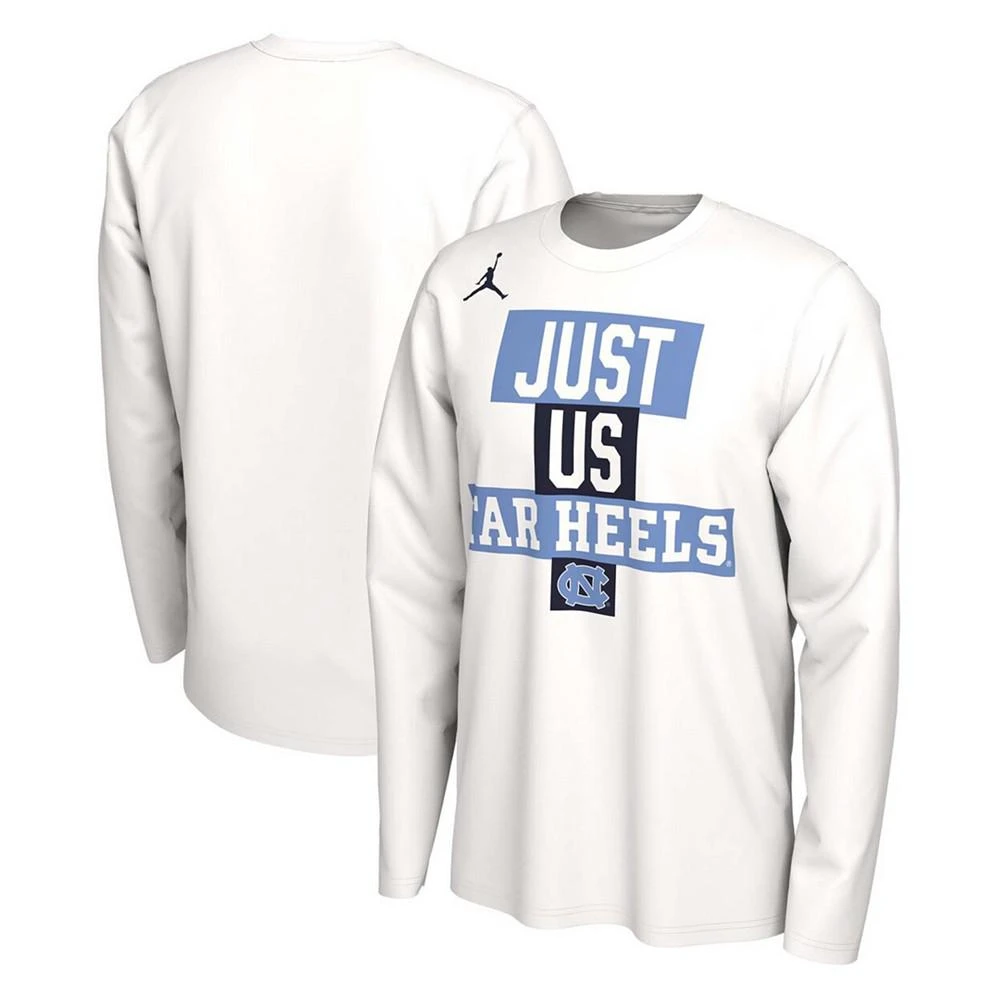 商品Jordan|Men's White North Carolina Tar Heels 2021 Postseason Basketball Just Us Bench Legend Long Sleeve T-shirt,价格¥309,第1张图片