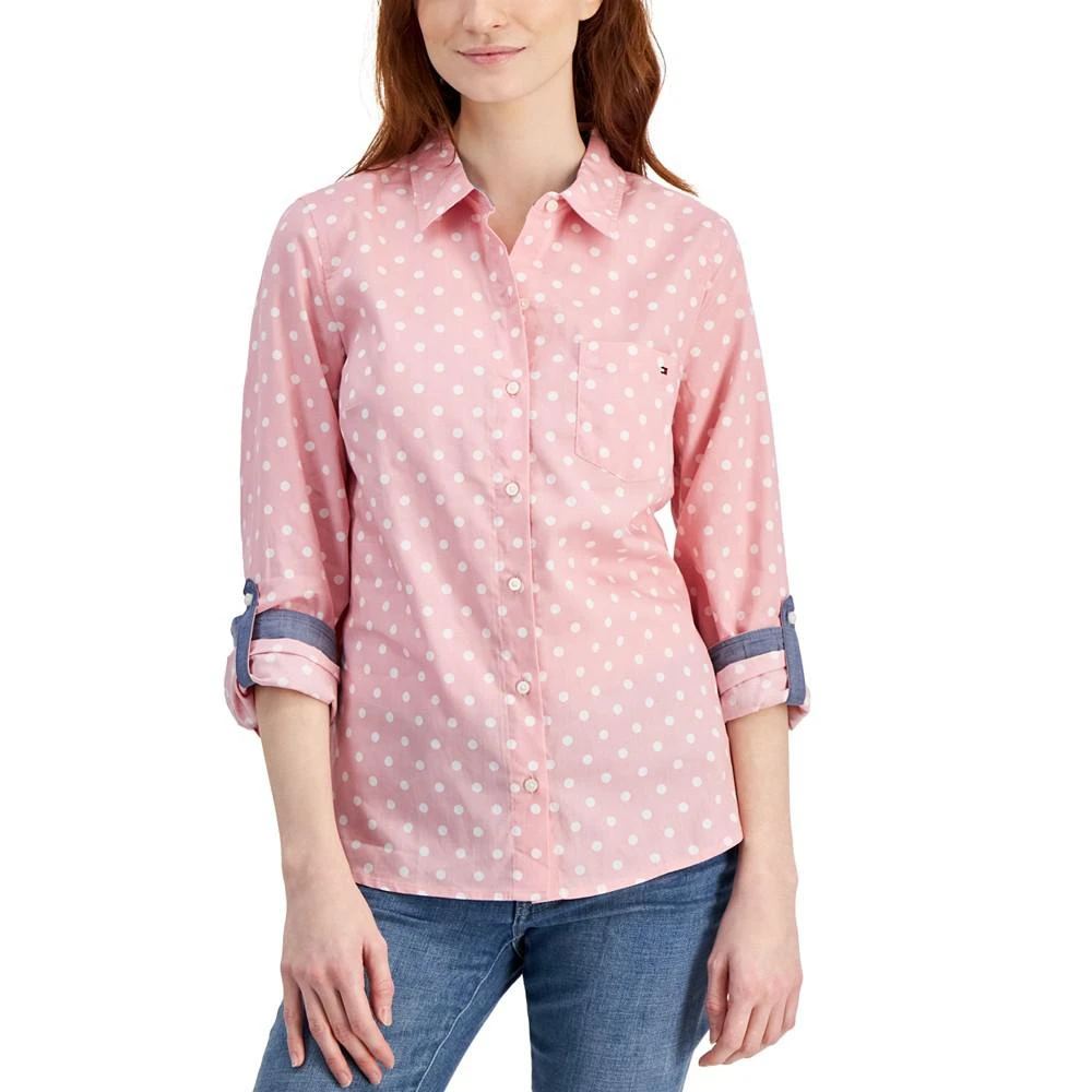 Tommy Hilfiger Women's Cotton Polka-Dot Roll-Tab Shirt from Macy's
