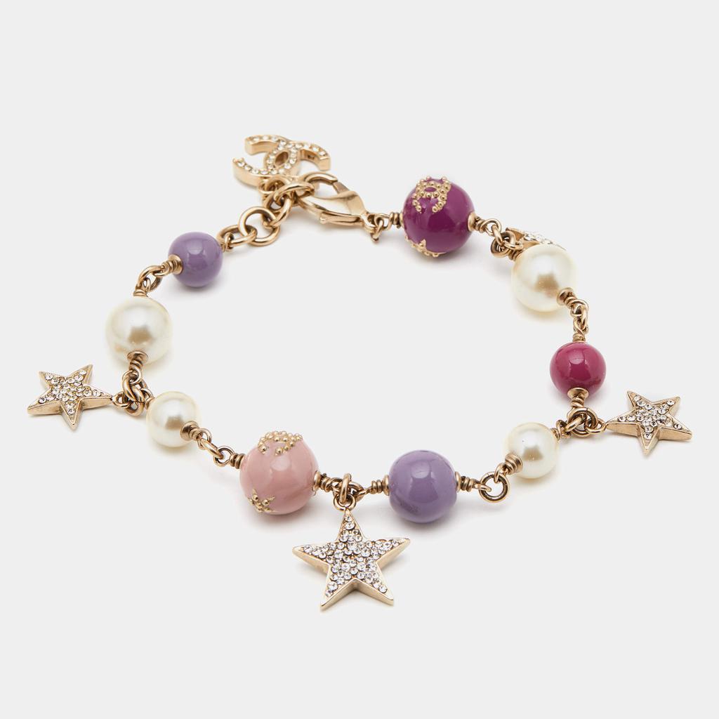 Chanel Pale Gold Tone CC Crystal Star & Bead Bracelet商品第1张图片规格展示