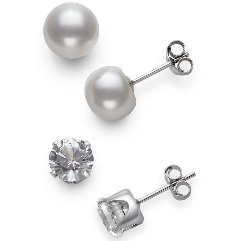 商品Macy's|2-Pc. Set Cultured Freshwater Pearl (7mm) & Lab-Created White Sapphire  (9mm) Stud Earrings in Sterling Silver,价格¥94,第1张图片