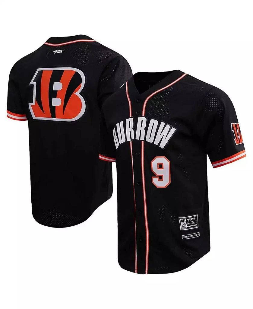 商品Pro Standard|Men's Joe Burrow Black Cincinnati Bengals Mesh Baseball Button-Up T-shirt,价格¥827,第1张图片