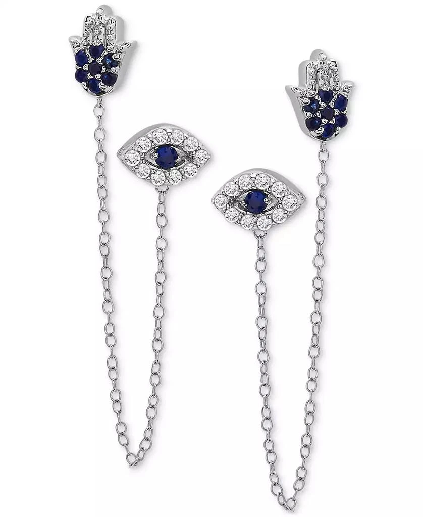 商品Macy's|Lab-grown Blue Sapphire (1/4 ct. t.w.) & Lab-grown White Sapphire (1/4 ct. t.w.) Evil Eye & Hamsa Hand Double Pierced Chain Earrings in Sterling Silver,价格¥562,第3张图片详细描述