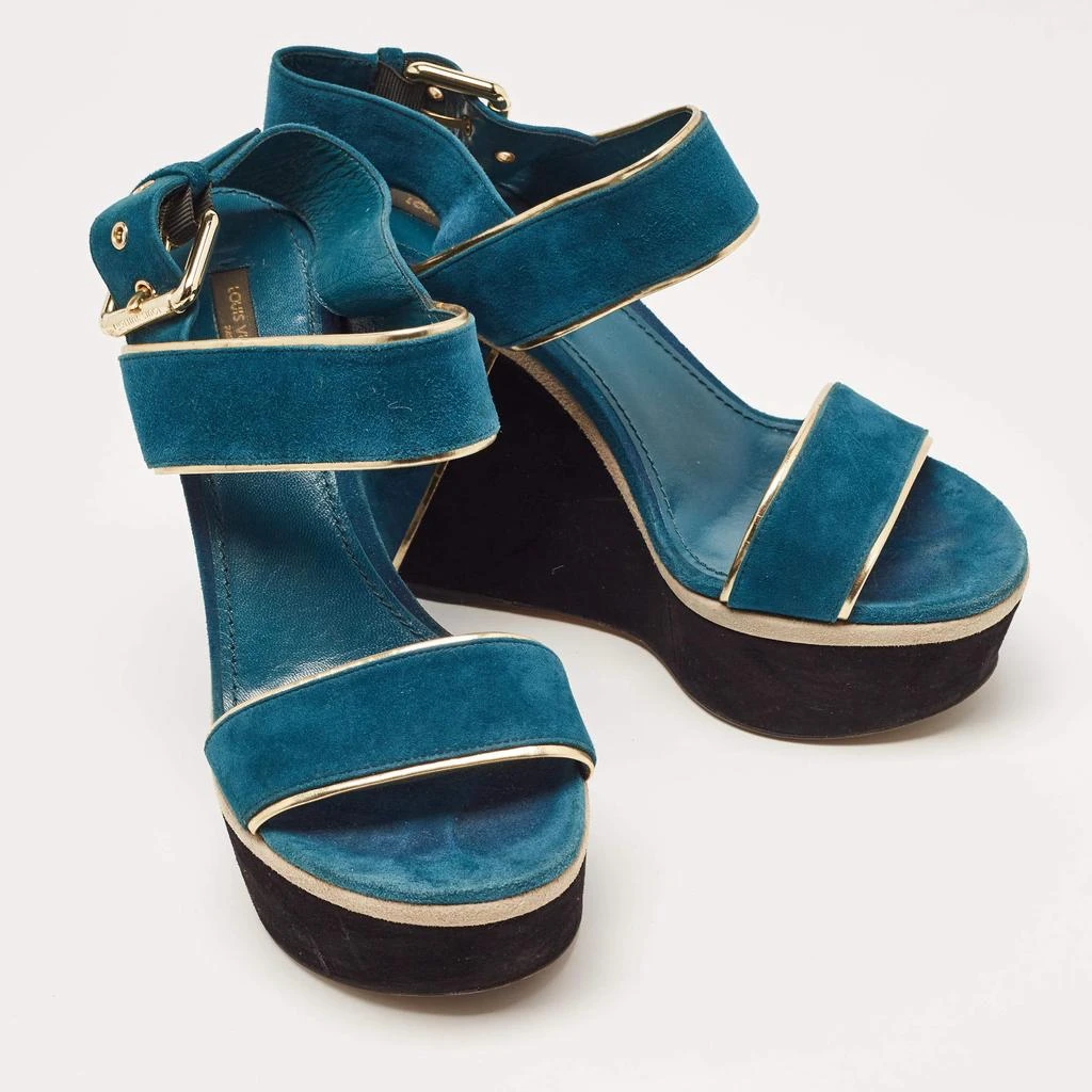 商品[二手商品] Louis Vuitton|Louis Vuitton Gold/Blue Suede Wedge Platform Slingback Sandals Size 40,价格¥2279,第4张图片详细描述