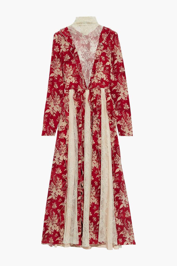 Chantilly lace-paneled floral-print silk crepe de chine midi dress商品第1张图片规格展示