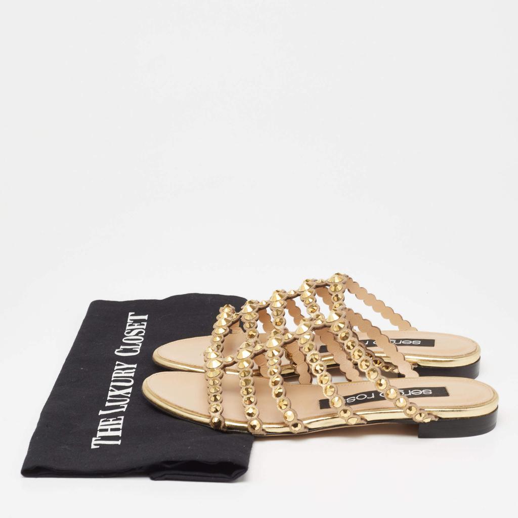 Sergio Rossi Gold Crystal Studded Leather Flat Slides Size 36商品第9张图片规格展示