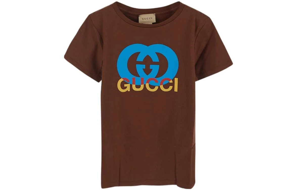 商品[国内直发] Gucci|古驰T恤 SS23 品牌Logo字母印花圆领短袖 棕色 儿童款,价格¥1134,第1张图片