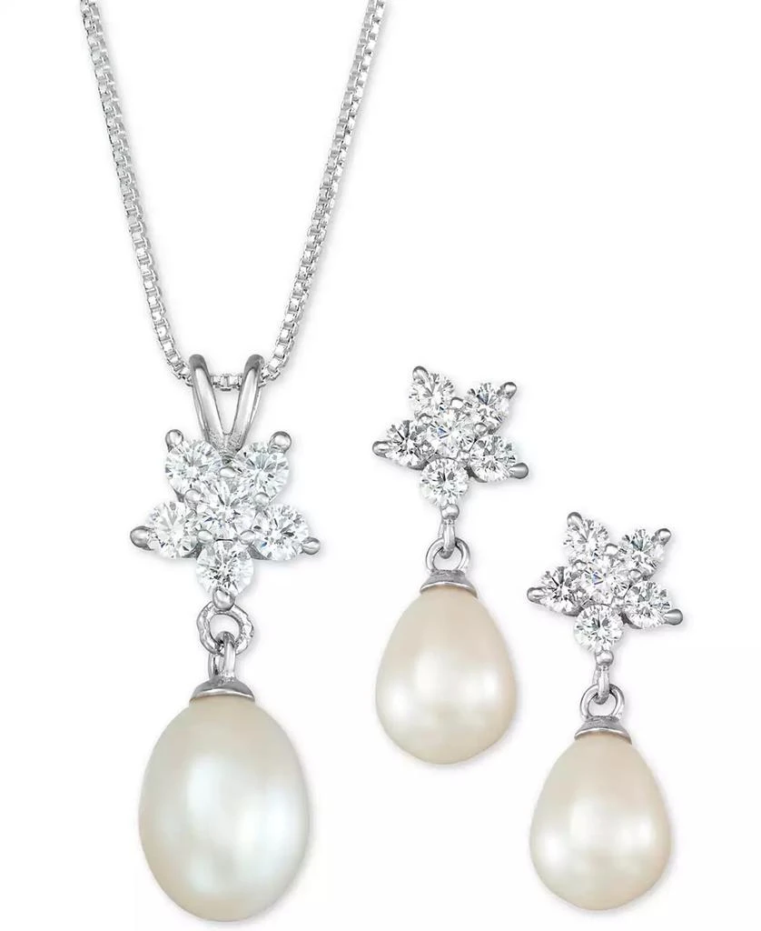 商品Macy's|Cultured Freshwater Pearl (7 x 9mm) & Cubic Zirconia Pendant Necklace & Drop Earrings Set in Sterling Silver, Created for Macy's,价格¥1889,第1张图片