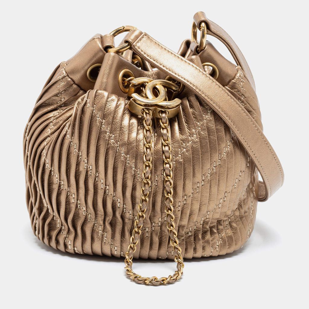 二手商品] Chanel]Chanel Gold Leather Small Coco Pleats Drawstring Bucket Bag  皮革, 布价格¥18280