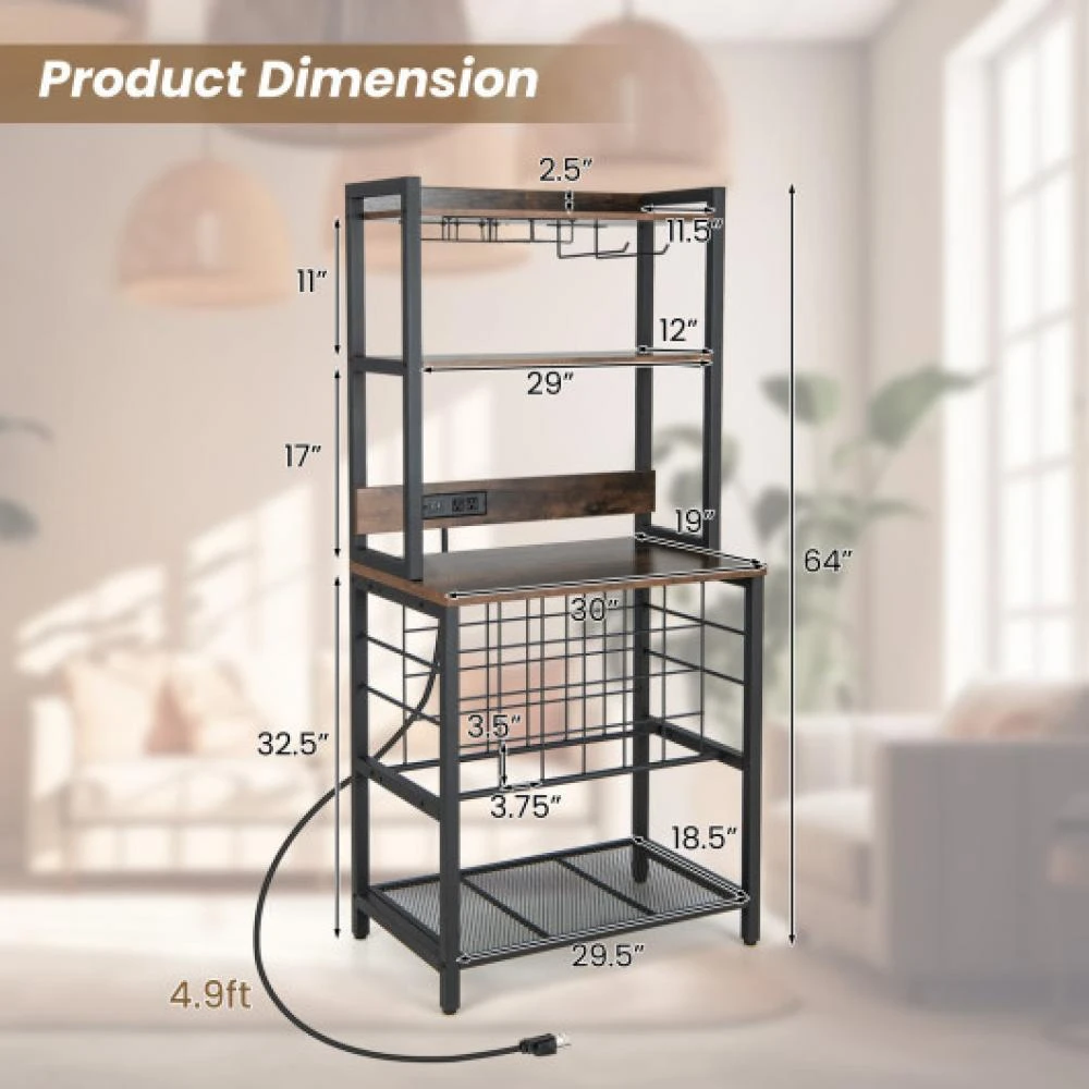 商品Hivvago|Wine Bar Cabinet Wine Rack with 4 Tier Storage Shelves and Glass Holders-Brown,价格¥1153,第5张图片详细描述