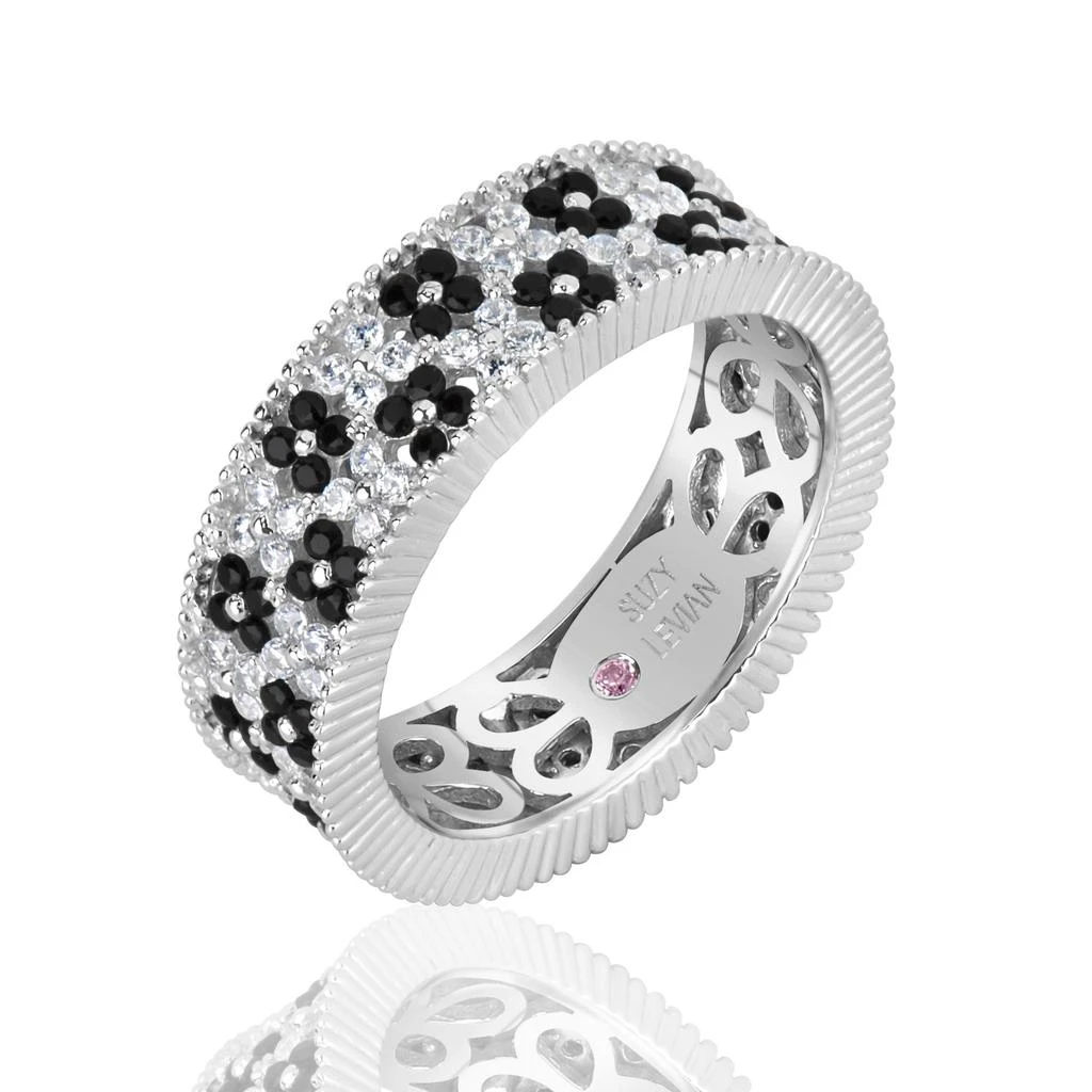 商品Suzy Levian|Sterling Silver Black and White Cubic Zirconia Floral Eternity Band,价格¥562,第1张图片