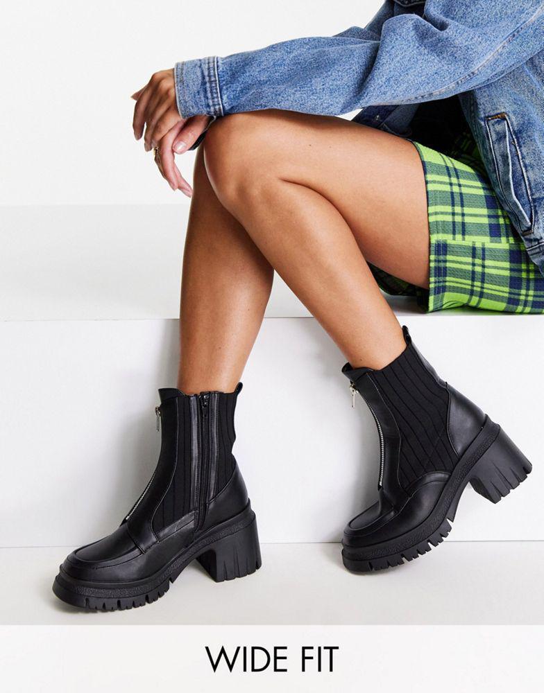 商品ASOS|ASOS DESIGN Wide Fit Rocky front zip chunky boots in black,价格¥214,第1张图片