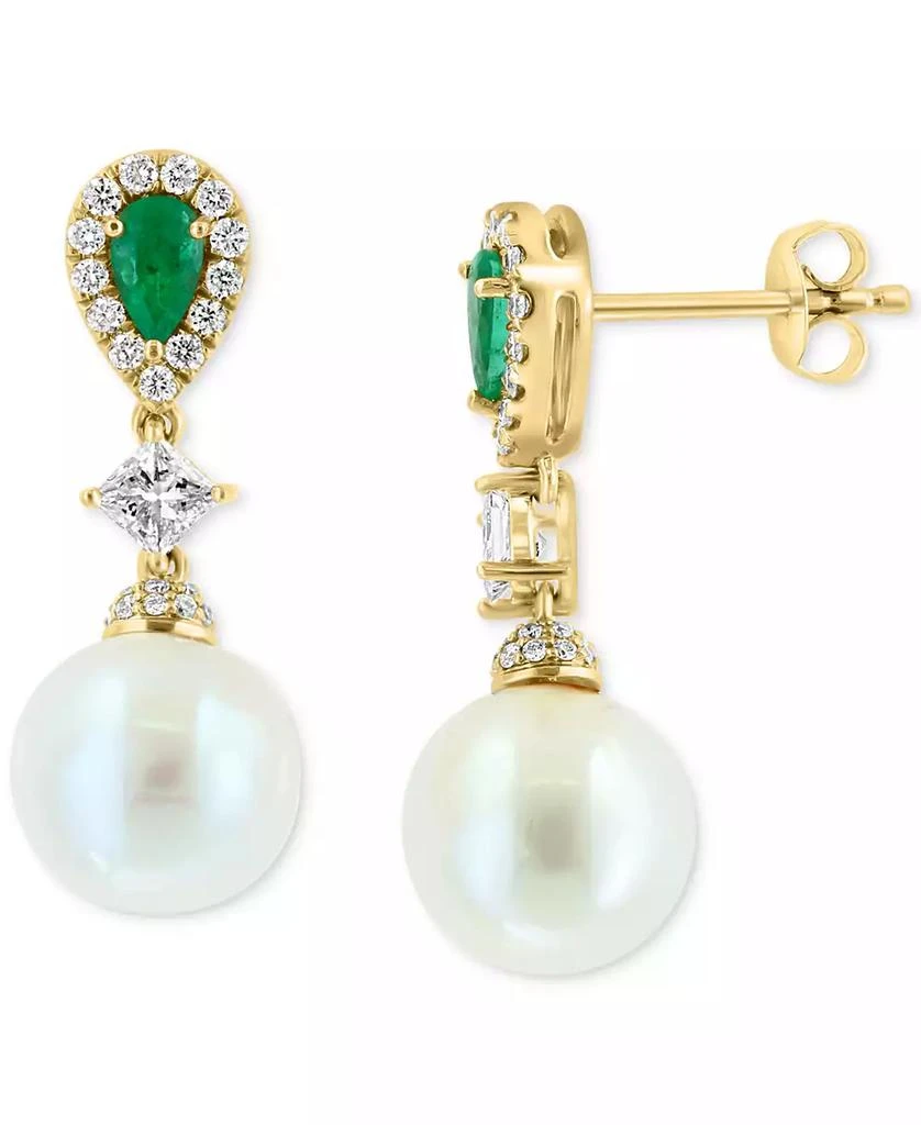 商品Effy|EFFY® Freshwater Pearl (9mm), Emerald (3/8 ct. t.w.) & Diamond (5/8 ct. t.w.) Drop Earrings in 14k Gold,价格¥67146,第1张图片