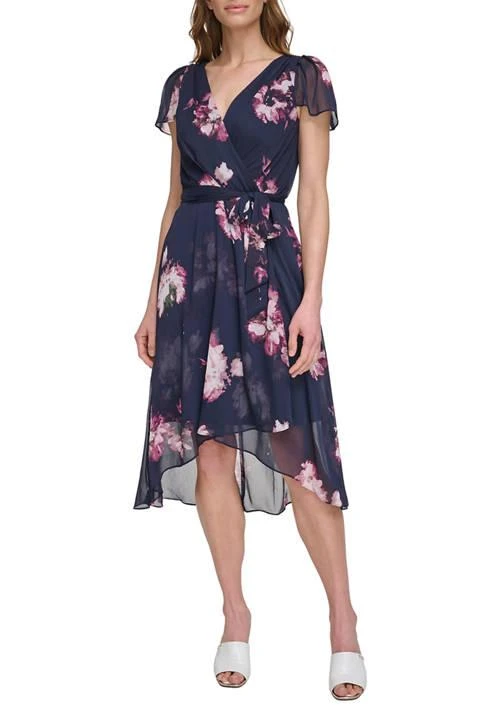 商品DKNY|Womens Floral Printed Wrap Waist Midi Dress,价格¥234,第1张图片