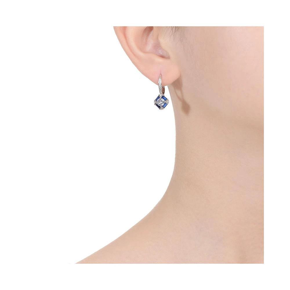 商品Genevive|Sterling Silver White Gold Plated and Sapphire Cubic Zirconia Leverback Earrings,价格¥563,第2张图片详细描述