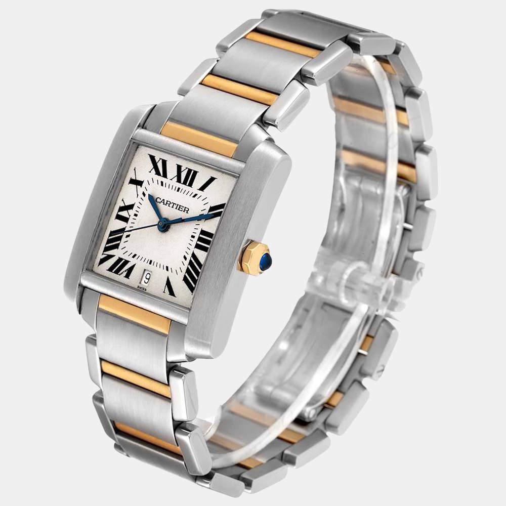Cartier Silver 18k Yellow Gold And Stainless Steel Tank Francaise W51005Q4 Automatic Men's Wristwatch 28 mm商品第3张图片规格展示