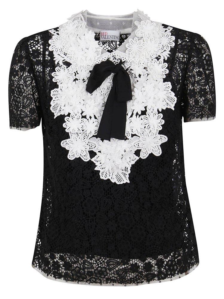 REDValentino Short Sleeve Bow Embellished Lace Top商品第1张图片规格展示