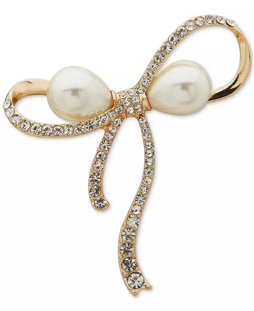 商品Anne Klein|Gold-Tone Imitation Pearl & Crystal Pavé Ribbon Bow Pin,价格¥127,第1张图片