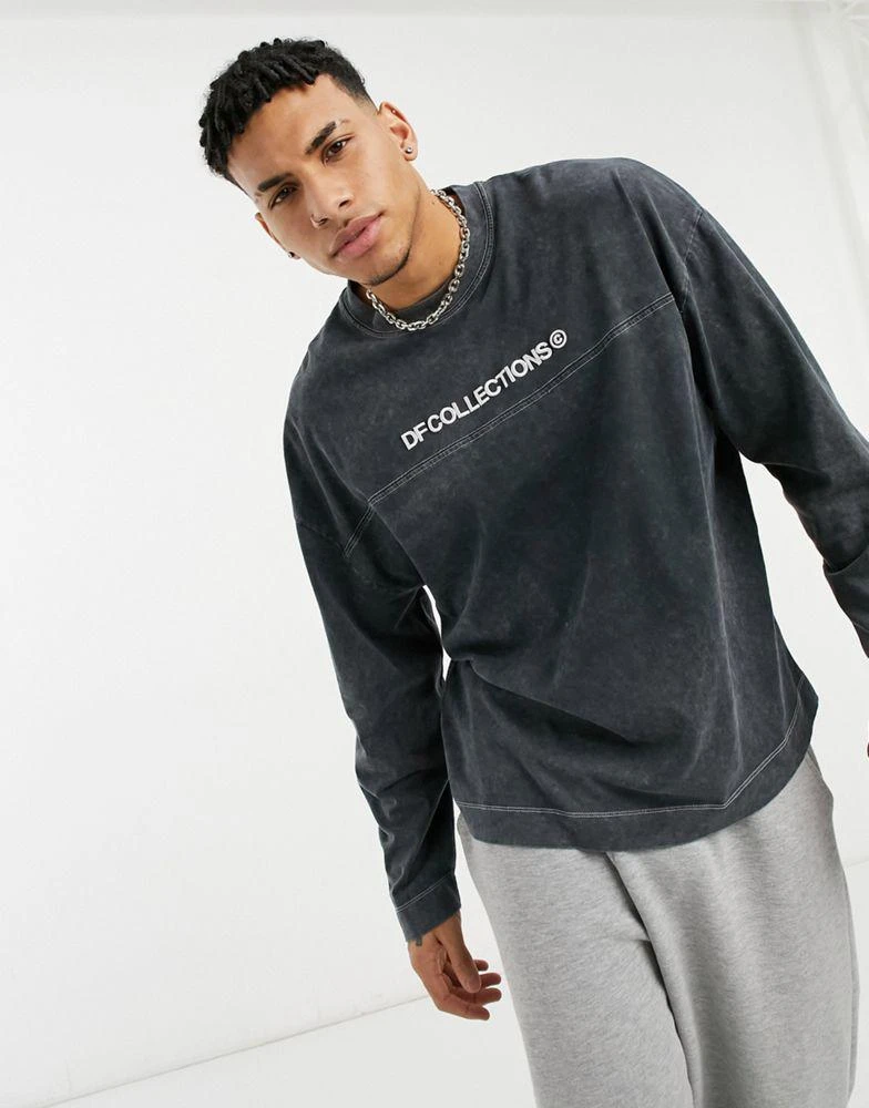 商品ASOS|ASOS Dark Future oversized heavyweight long sleeve t-shirt with contrast stitching and logo embroidery in washed black,价格¥97,第3张图片详细描述