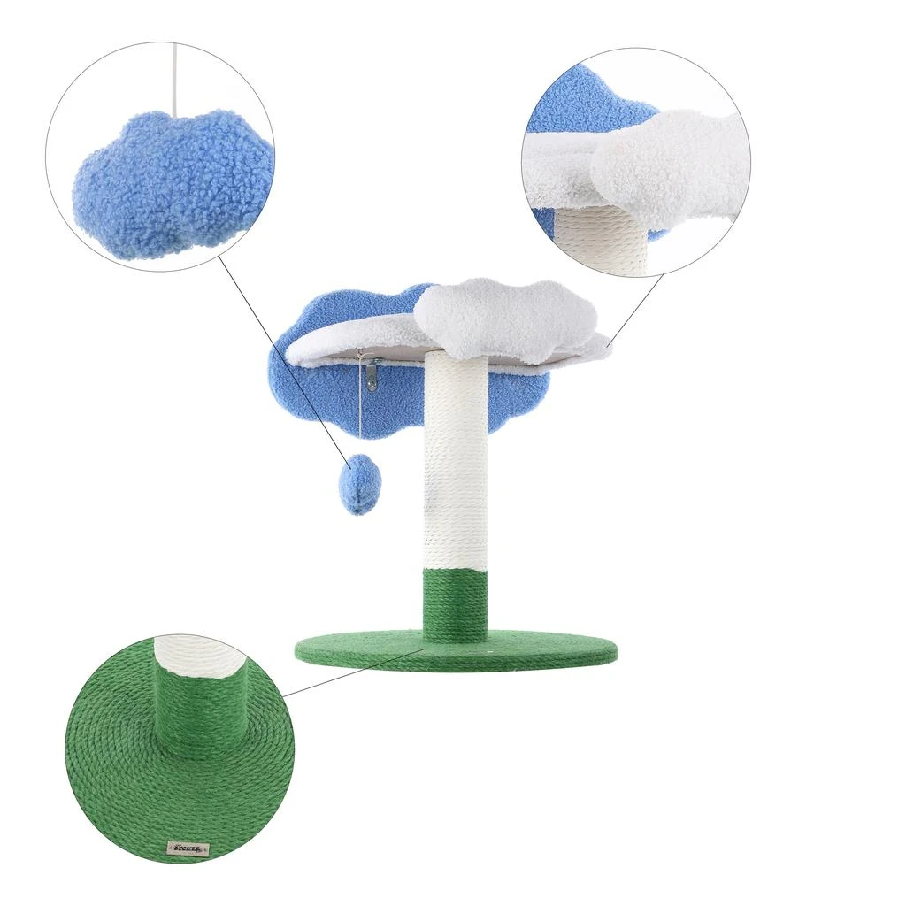 商品THE LICKER STORE|Sami 21.5" Modern Jute Cloud Cat Tree with Scratching Post, and Fuzzy Toy, White/Blue/Green,价格¥1051,第4张图片详细描述