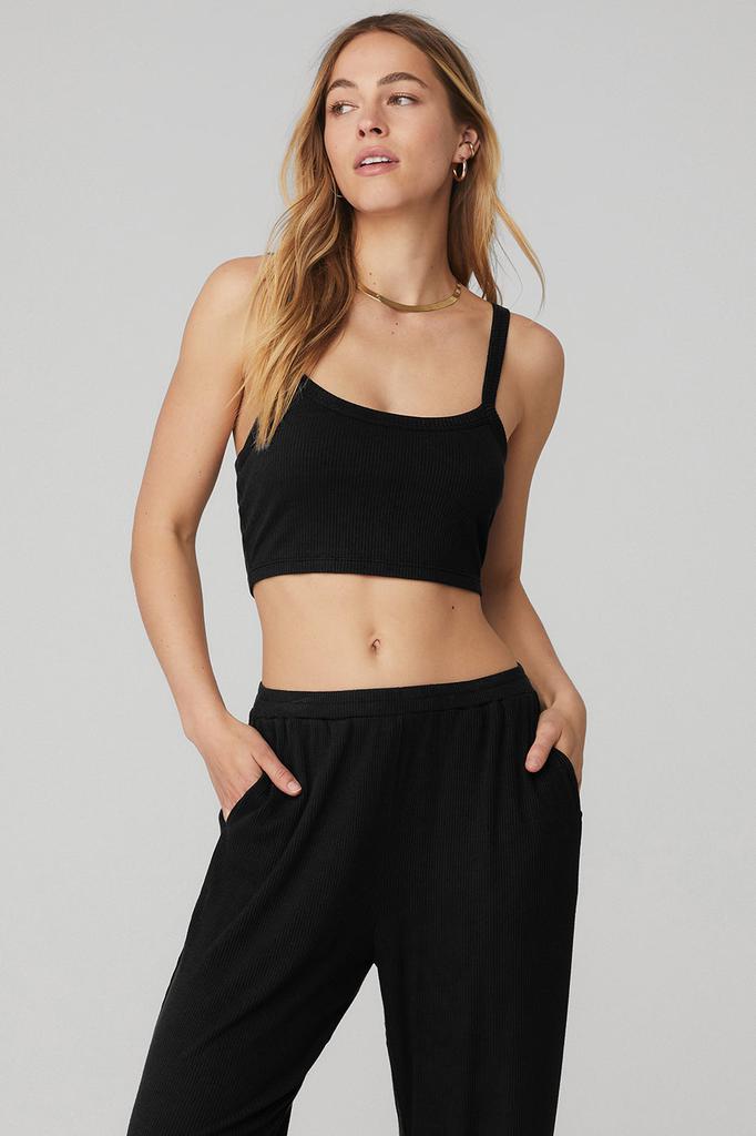 商品Alo|Ribbed Crop Whisper Bra Tank - Black,价格¥218-¥346,第1张图片