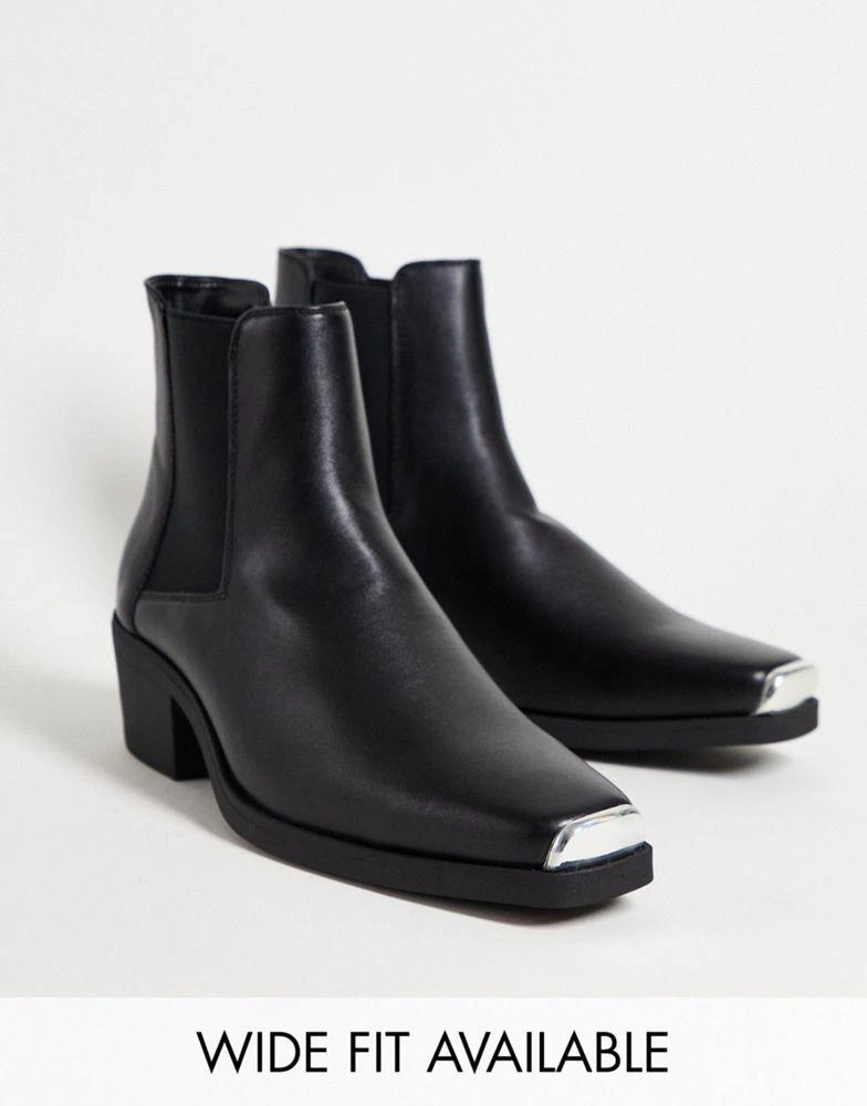 商品ASOS|ASOS DESIGN cuban heel western chelsea boots in black faux leather with metal hardware,价格¥244,第1张图片