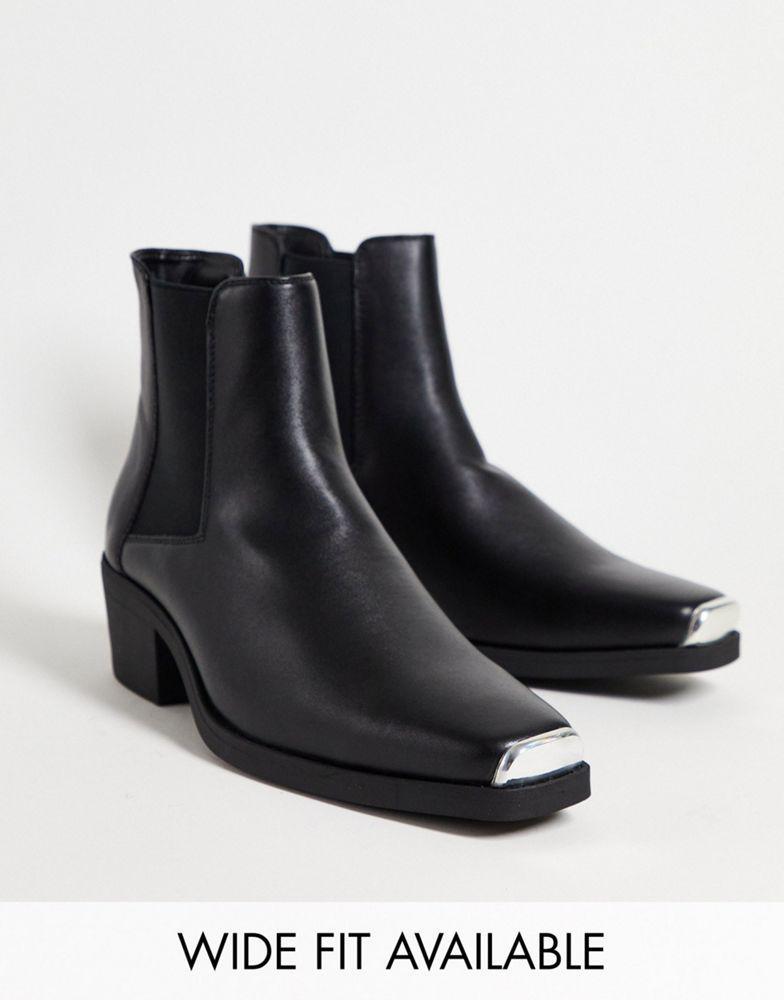 商品ASOS|ASOS DESIGN cuban heel western chelsea boots in black faux leather with metal hardware,价格¥227,第1张图片