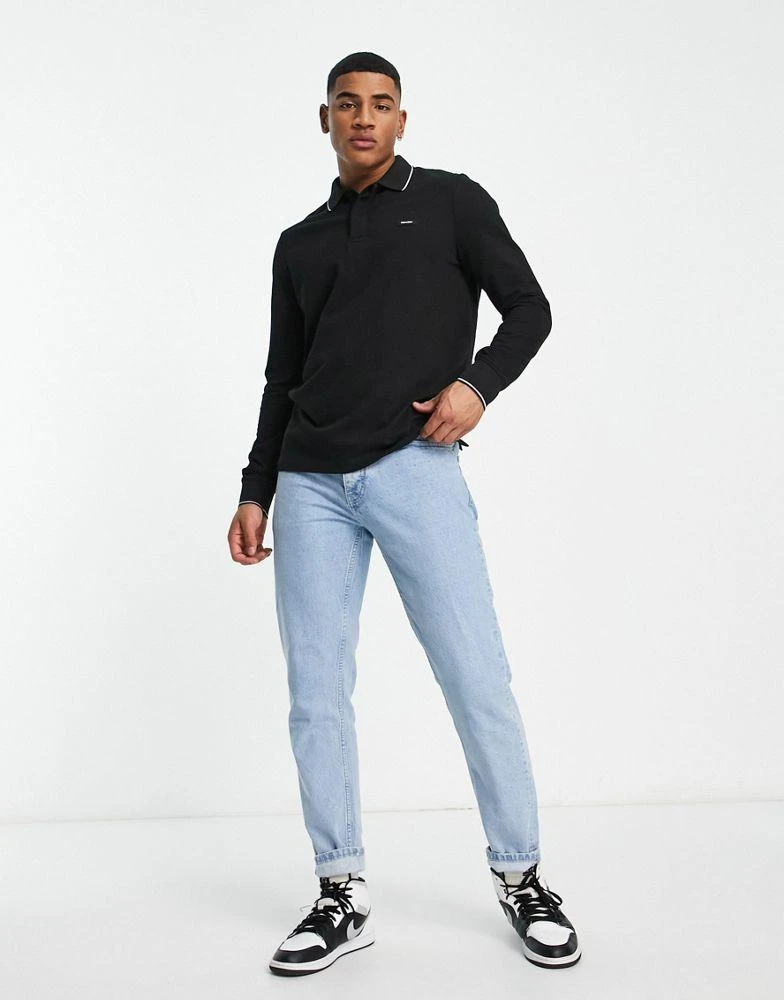 商品Calvin Klein|Calvin Klein logo tipped stretch pique cotton blend long sleeve polo in black,价格¥653,第4张图片详细描述