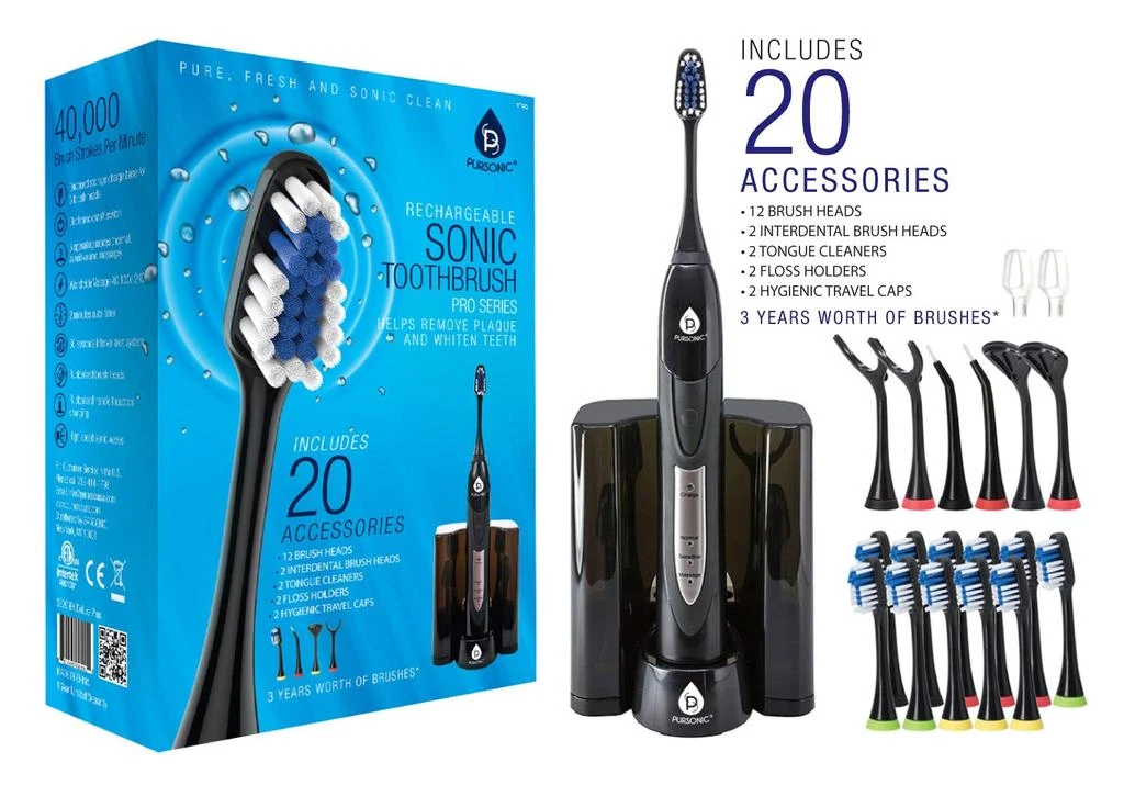 商品PURSONIC|PURSONIC S520 Black Ultra High Powered Sonic Electric Toothbrush with Dock Charger, 12 Brush Heads & More! (Value Pack),价格¥340,第1张图片