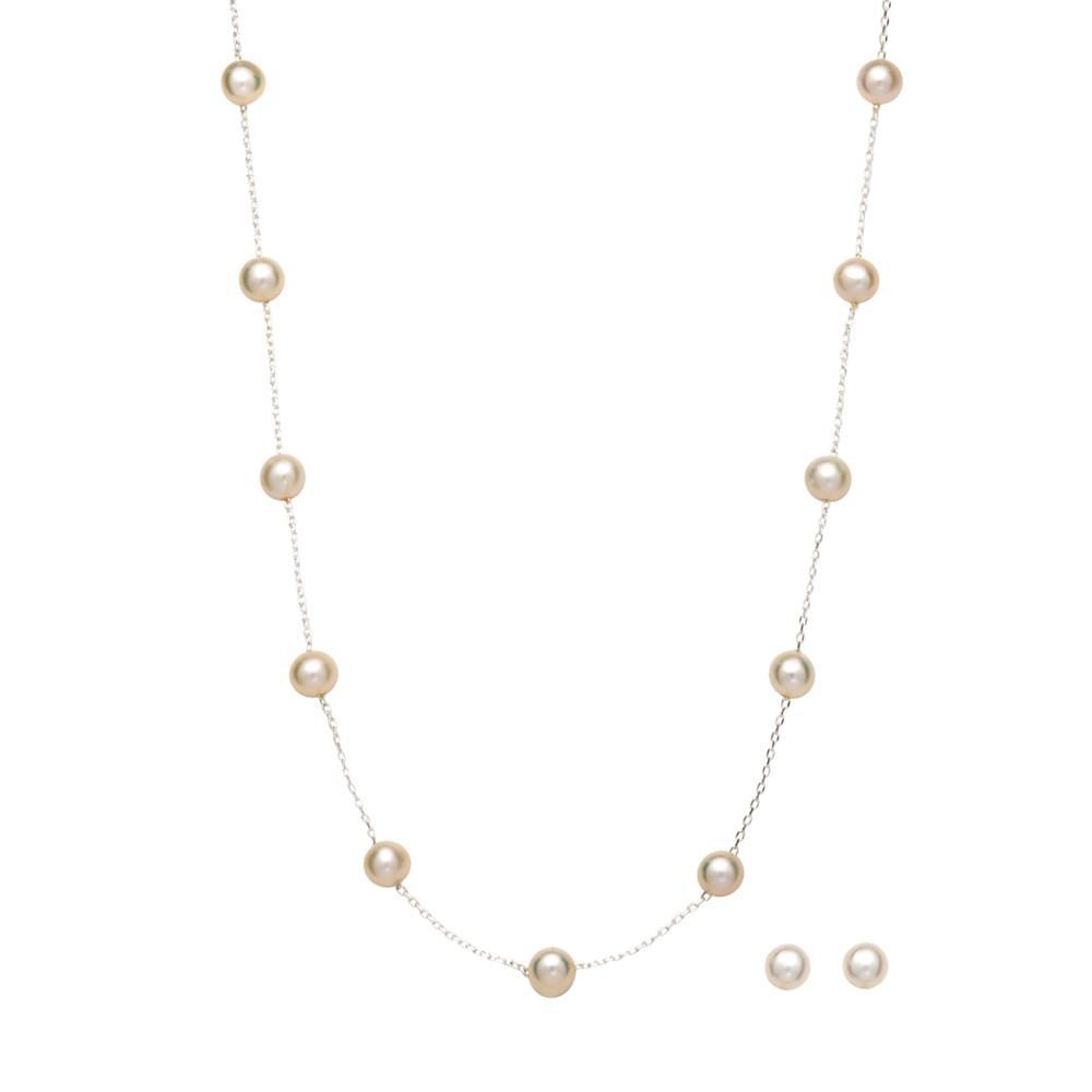 商品Macy's|Cultured Freshwater Pearl Station Necklace and Stud Earrings Set in Sterling Silver or 18k Gold Over Sterling Silver,价格¥283,第1张图片