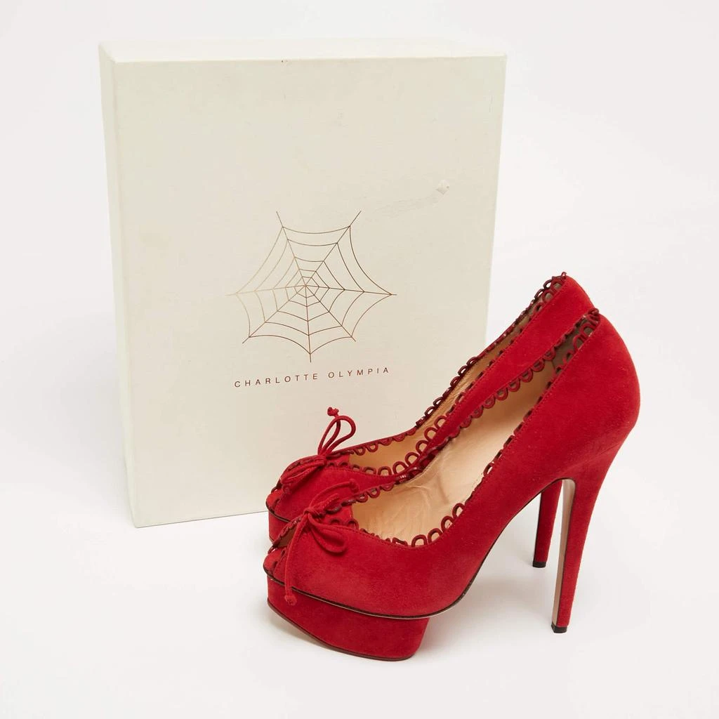 Charlotte Olympia Red Suede Daphne Scalloped Trim Peep Toe Platform Pumps Size 40.5 商品