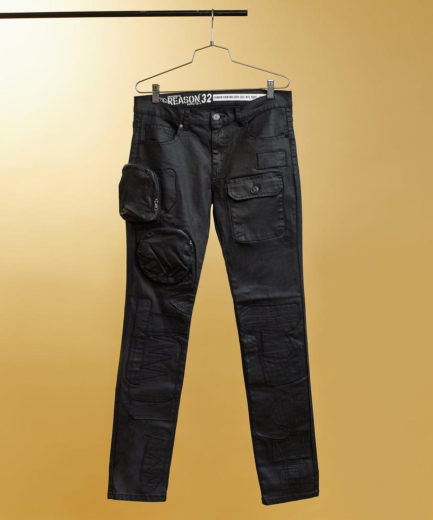 商品Reason Clothing|Sylvester Multi Pocket Utilty Waxed Cotton Embroidered Denim Jeans - Black,价格¥511,第1张图片