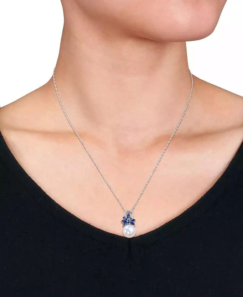 商品Macy's|Cultured Freshwater Pearl (9-1/2mm), Sapphire (3/4 ct. t.w.), & Diamond (1/20 ct. t.w.) 17" Pendant Necklace in 14k White Gold,价格¥5803,第2张图片详细描述