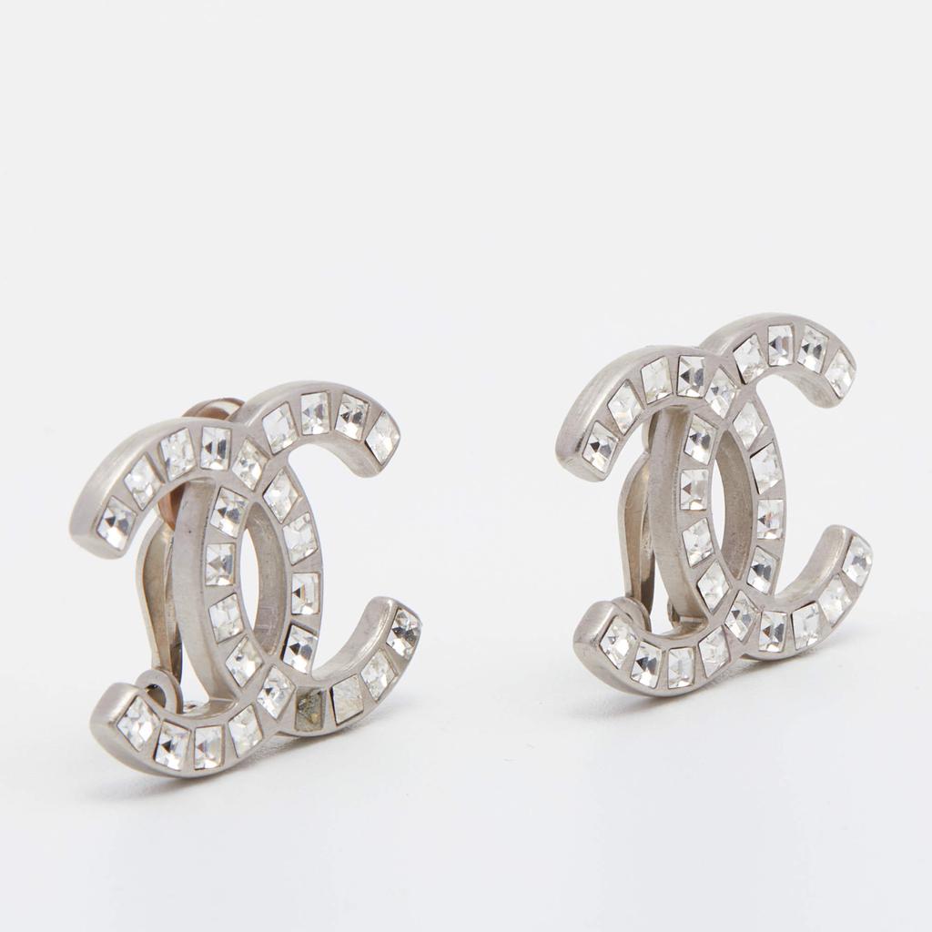 Chanel Silver Tone Baguette Crystal CC Clip On Earrings商品第2张图片规格展示