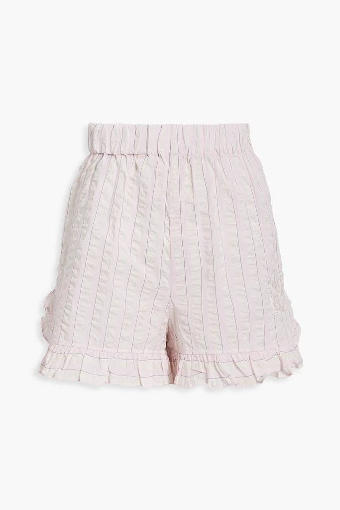 商品Ganni|Cherry Blossom ruffled striped organic cotton-seersucker pajama shorts,价格¥555,第1张图片