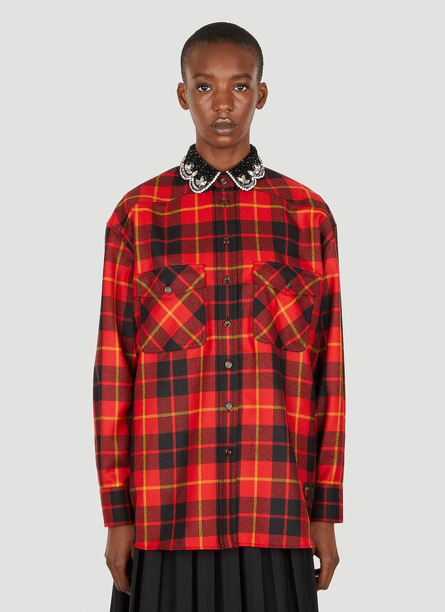 Beaded Collar Check Shirt in Red商品第1张图片规格展示