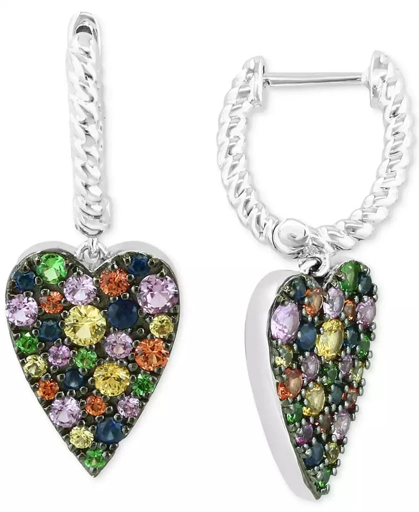 商品Effy|EFFY® Multi-Sapphire (1-3/8 ct. t.w.) & Tsavorite (1/8 ct. t.w.) Heart Dangle Hoop Earrings in Sterling Silver,价格¥4530,第1张图片