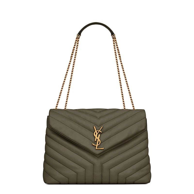 商品Yves Saint Laurent|SAINT LAURENT PARIS/圣罗兰 YSL 22春夏新款LOULOU系列 女士中号灰卡其色"Y"形绗缝牛皮革金扣翻盖单肩斜挎包,价格¥21264,第1张图片