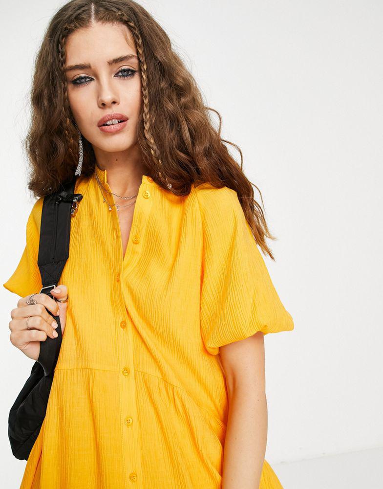 Topshop textured chuck on mini shirt dress in ochre商品第4张图片规格展示