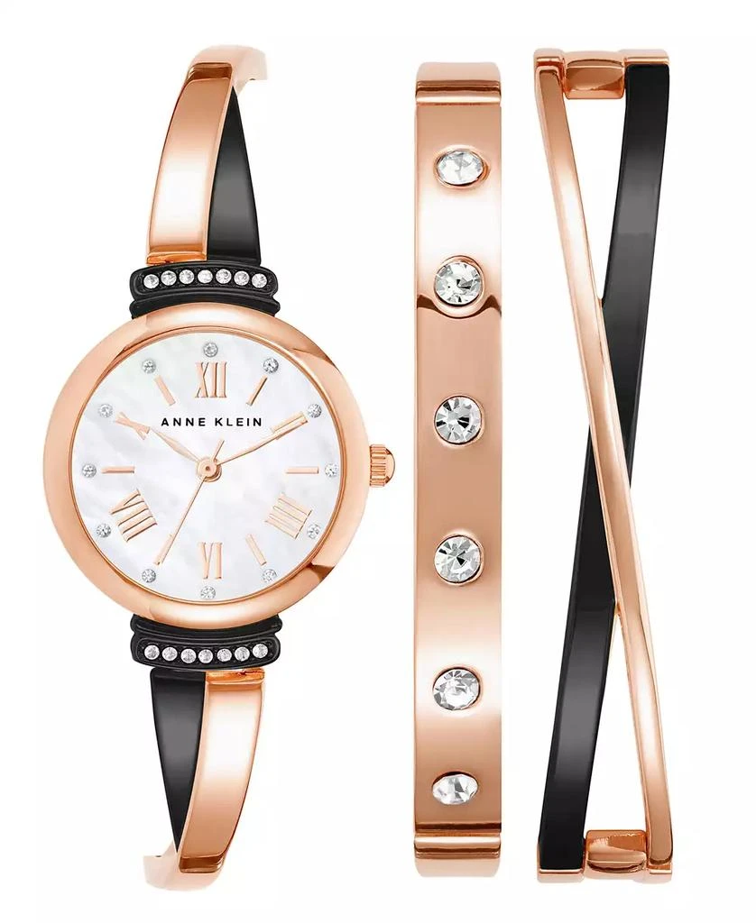 商品Anne Klein|Women's Rose Gold-Tone and Black Alloy Bangle with Crystal Accents Fashion Watch 33mm Set 3 Pieces,价格¥1136,第1张图片