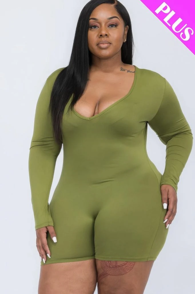 商品FASHNZFAB|Women's Plus V-neck Long Sleeve Bodycon Romper,价格¥135,第4张图片详细描述