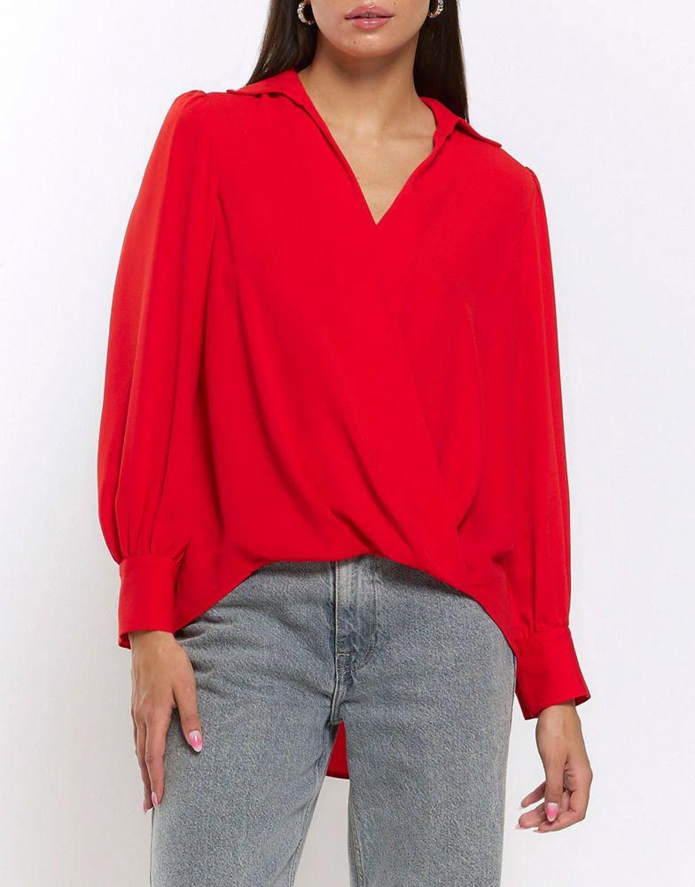 商品River Island|River Island Long sleeve wrap blouse in red - bright,价格¥340,第1张图片