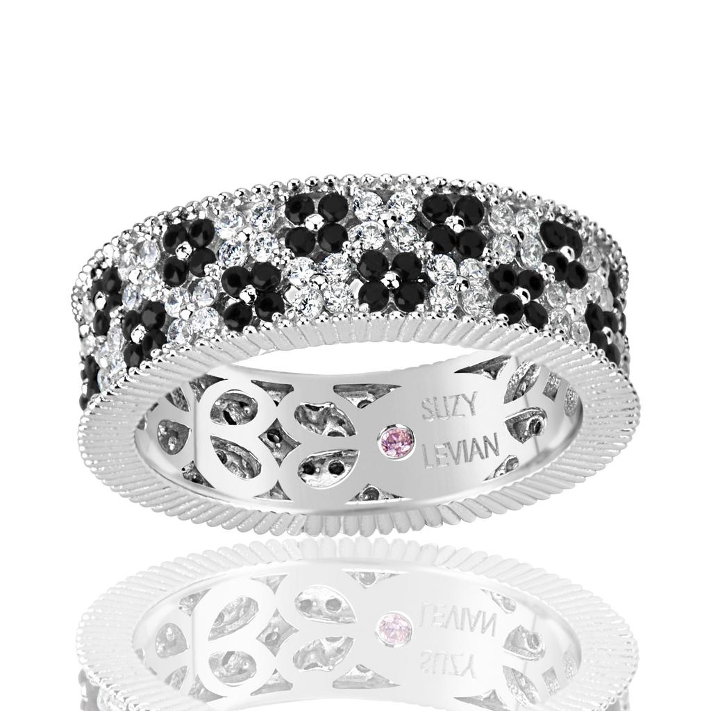Suzy Levian Sterling Silver Black and White Cubic Zirconia Floral Eternity Band商品第2张图片规格展示